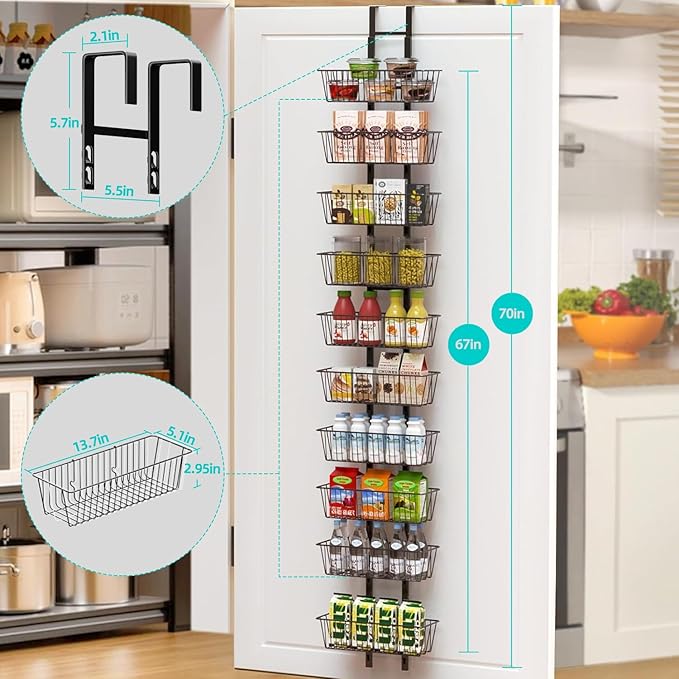10-Tier Over The Door Organizer with Baskets - Heavy Duty Spice Rack Metal Hanging Shelf for Pantry & Kitchen | Adjustable Spice Rack, Space-Saving Hanging Storage for Bathroom, Laundry, Black