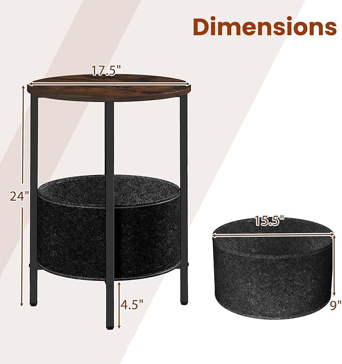 Giantex Round End Table Set of 2, Small Side Tables w/Removable Fabric Basket, Modern Bedside Tables w/Metal Frame, Sofa Couch Accent Tables for Small Space Living Room, Nightstand for Bedroom