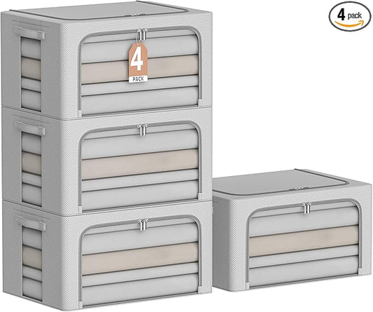 4 Pack Clothes Storage Bins - Oxford Fabric Metal Frame Storage Box - Foldable Stackable Container Organizer Set with Clear Window & Carry Handles & Zippers (Grey, 19.7"x15.7"x8")-NeatNest