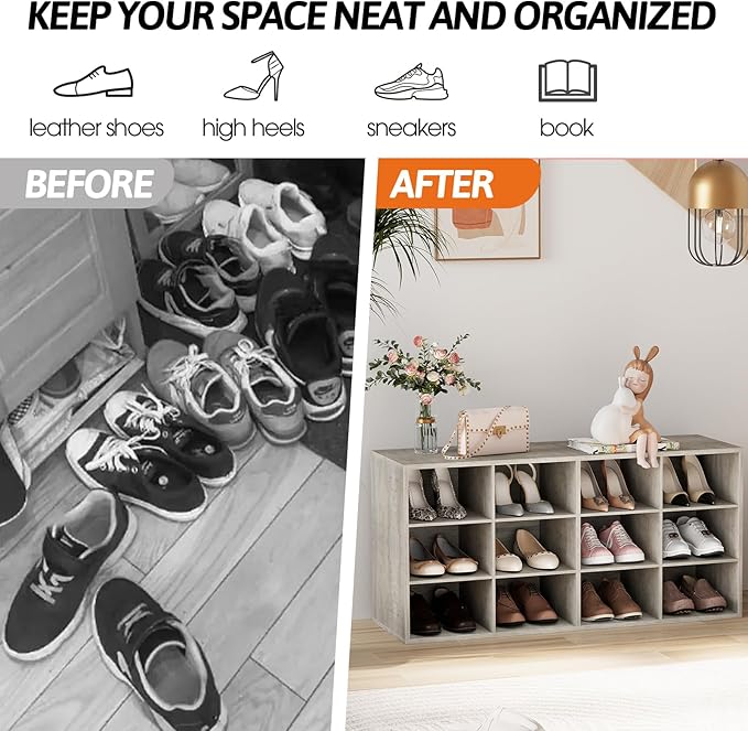 Garden 4 you Shoe Storage Bench, Cubby Shoe Rack with 12 Cubbies, 3-Tier Wood Shoe Rack Organizer, Shoe Organizer Cabinet for Entryway, Hallway, Closet and Garage, Grey-NeatNest