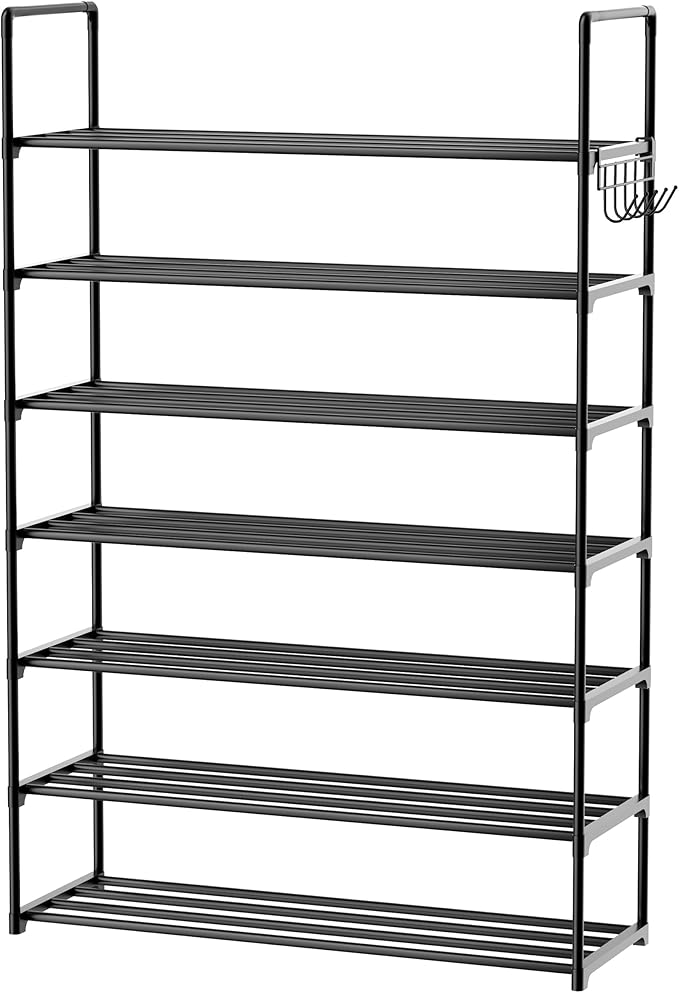 Metal Shoe Organizer,6 Tiers Shoe Storage Shoe Rack with Hooks,Fit 24-30 Pairs,Adjustable Shoe Shelf for Entryway,Hallway,Bedroom,Metal Bottom Support-NeatNest
