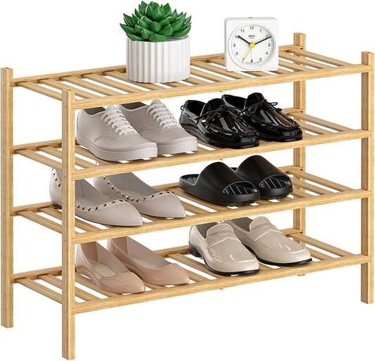 Shoe Rack, 4 Tier Bamboo Shoe Rack for Closet, Stackable Wooden Shoe Organizer, Free Standing Wood Shoe Shelf for Entryway Small Space, 27" x 11" x 28", Natural-NeatNest