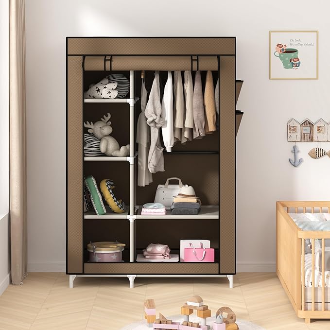 Calmootey Portable Closet Organizers, Clothing Storage, Wardrobe with 6 Shelves and Hanging Rod, Non-Woven Fabric Cover with 4 Side Pockets, Brown-NeatNest