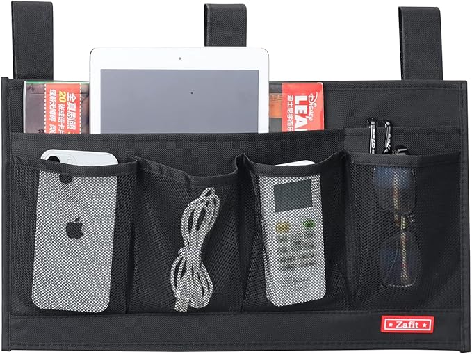Hanging Bedside Caddy, Bedside Storage Organizer for Magazine, Phone, Remote control (6 Pockets-Black)-NeatNest