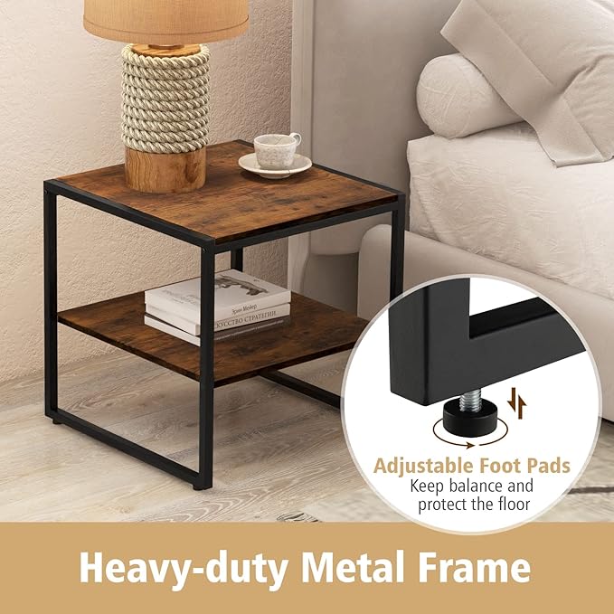 End Table Set of 2, Industrial 2-Tier Side Tables with Open Shelf, 20" Square Coffee Table with Heavy-Duty Metal Frame, Compact Tea Table Nightstand for Living Room, Bedroom, Hallway
