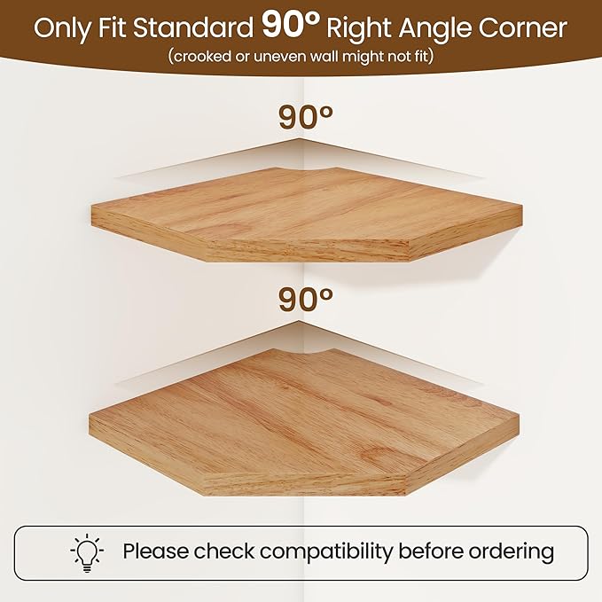 Fun Memories Corner Shelf Wall Mount, Solid Oak Wood Floating Corner Shelves with Cable Hole, 8.5in Rustic Design for Bedroom, Bathroom, Kitchen, Living Room (Natural, 1 Pack)-NeatNest