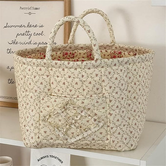Boho Fabric Storage Basket Quilted Floral Print Baskets Organizer Bin with Handles for Home, Picnic, Shopping (Yellow, L)-NeatNest