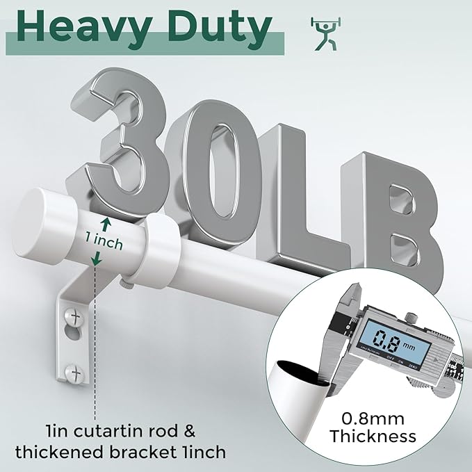 2 Pack Curtain Rods for Windows 28 to 48 Inch(1.5-5 Feet),White 1'' Diameter Drapery Rods with End Cap Style Design,Modern Adjustable Heavy Duty Curtain Rod,Size:30''-60''