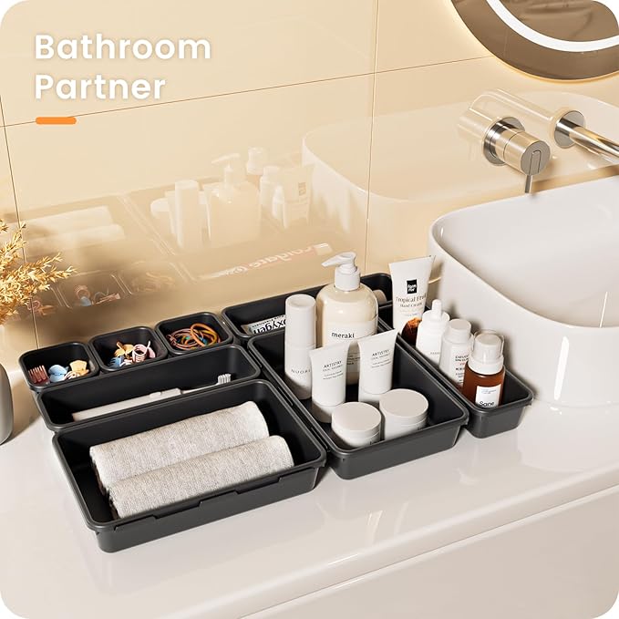 【𝟮𝟮𝗣𝗖𝗦】A-LUGEI Plastic Black Desk Drawer Organizer, Bathroom Organizers and Storage, Makeup Organizer, Organization and Storage Bin Container for Vanity Office Utensils Tool Pantry Cosmetic-NeatNest