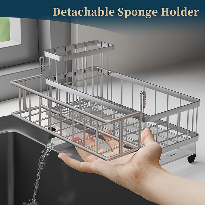 Consuemst Sponge Holder for Kitchen Sink - Auto Draining Sink Caddy Organizer with Detachable Rack, High Brush Holder, Kitchen Countertop Storage Accessories, Silver-NeatNest