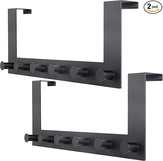 WEBI Over The Door Hooks,Over The Door Towel Rack with 6 Peg Hooks for Hanging,Over Door Hanger Coat Rack for Behind Back of Bathroom,Black,2 Packs