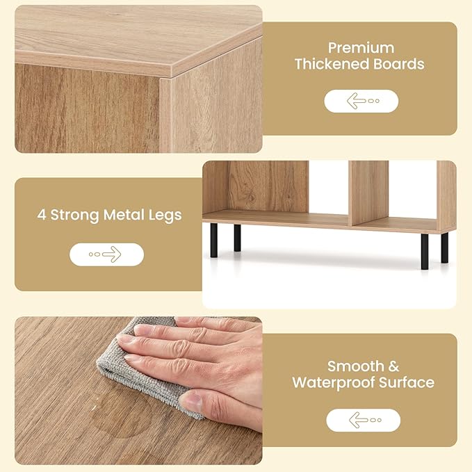 4 Cube Bookcase, Wood Storage Organizer with 4 Metal Legs, Bookshelf with Storage, Cubical Storage Shelf, Wooden Book Shelf, Display Shelves for Bedroom, Living Room, Entryway