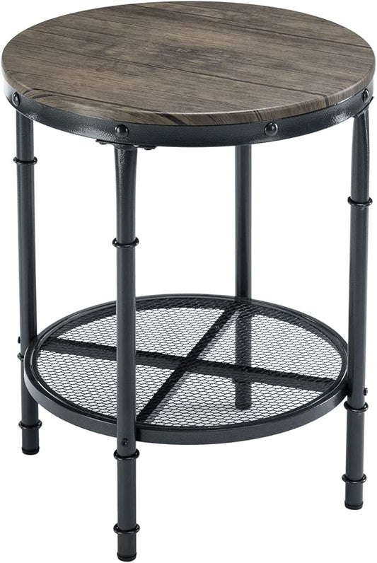 VINGLI 20" Side Table, Round End Tables Living Room, Industrial Small End Table with Metal Mesh, Rustic Farmhouse Side Tables for Bedroom, Office, Corner, Walnut