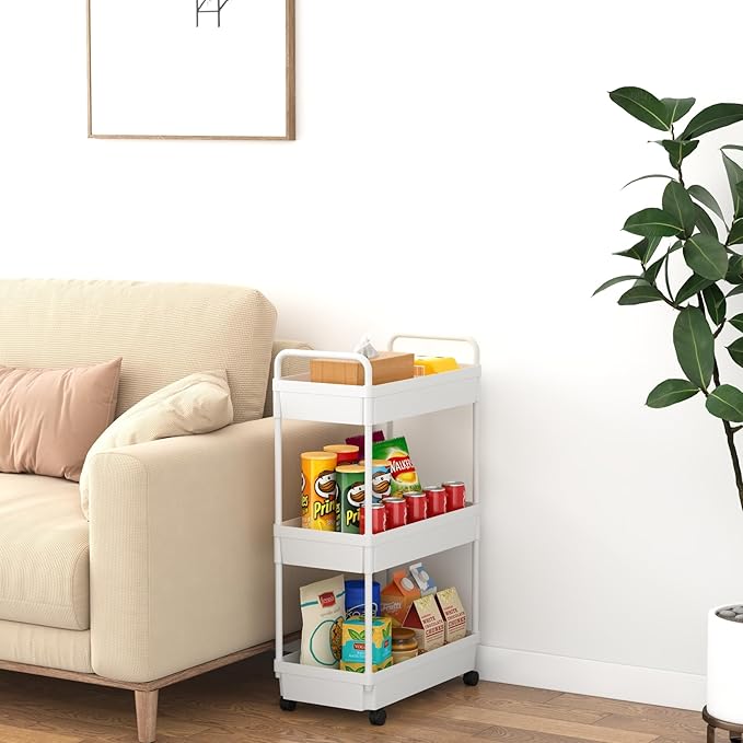 3-Tier Storage Cart，Shelf Organizer Mobile Shelving ，Utility Rolling Cart，Multifunction Movable Storage Organizer with Lockable Wheels,White-NeatNest