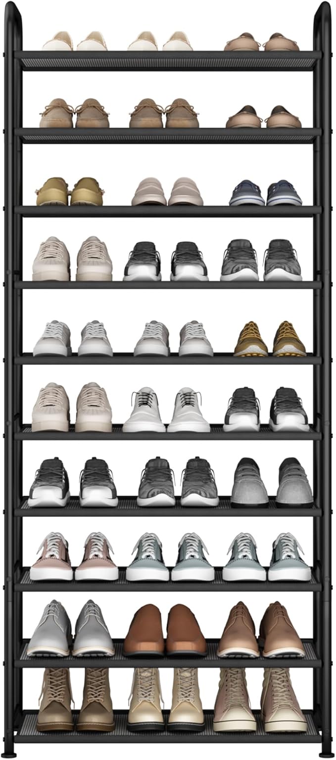 STO STO 10-Tier Shoe Rack with Sturdy Mesh Shelves, Tall Metal Shoe Organizer for Entryway, Closet, Garage, Front Door, Holds 30 Pairs, Free Standing Large Shoe Storage Shelf, Adjustable Feet, Black-NeatNest