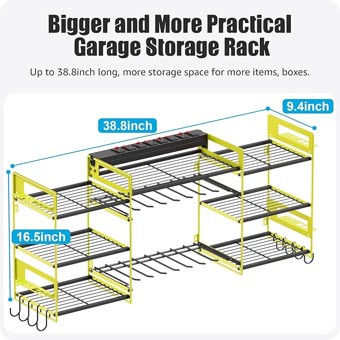 CCCEI Green Power Tool Organizer Wall Mount, Large Tools and Battery Storage Rack Charging Station Individual Switches. Drills Holder, Garage Utility Shelves with 6FT Power Strip. Gift for Men.-NeatNest
