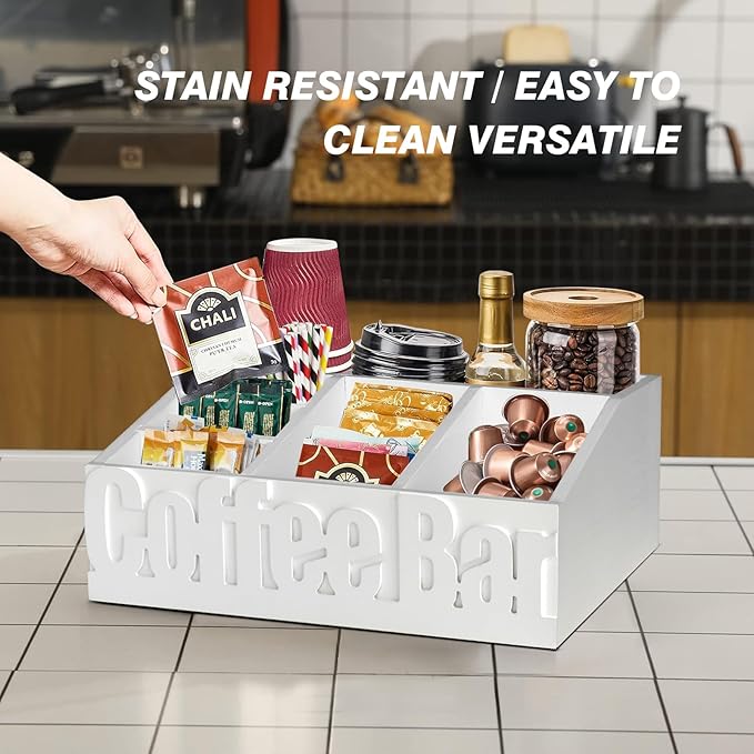 Coffee Bar Organizer for Accessories, Wood Station for Countertop, Farmhouse Pod Holders, White Condiment Organizer for Decor-NeatNest