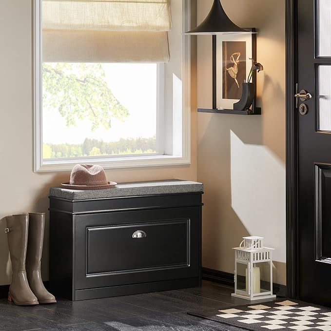 Haotian Shoe Storage Bench with Cushion, Black Narrow Shoe Rack for Entryway, Small Shoe Cabinet with 2 Tiers Flip-Drawer, Closet Hallway Mudroom FSR82-L-SCH-NeatNest