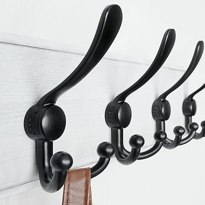 Dseap Coat Rack Wall Mounted - 5 Tri Hooks, Heavy Duty, Wooden Wall Coat Hanger Coat Hook for Clothes Hat Jacket Clothing, White & Black
