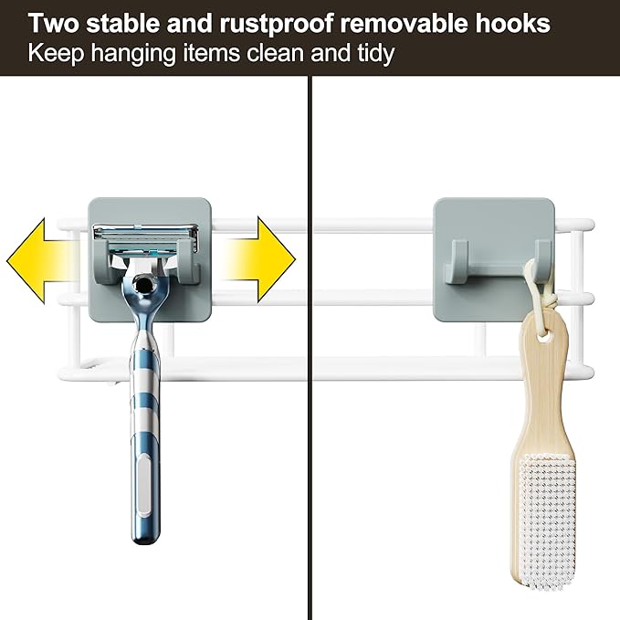Orimade Adjustable Anti-slip Shower Caddy Over Head, Rustproof Bathroom Hanging Organizer with 2 Hooks, No Drilling Shower Shelves Storage Rack 3 Tier, White