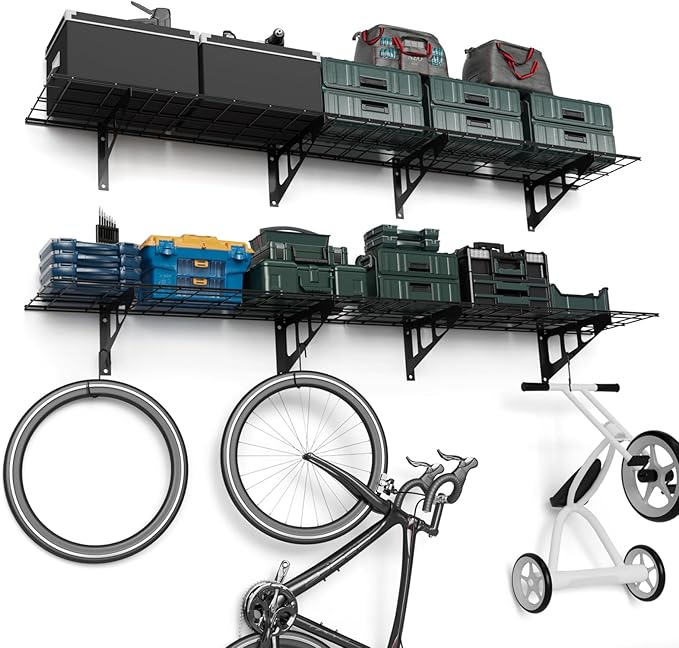 2-Pack Garage Storage Shelves, 12" W x 72" L 300 lbs Capacity Heavy Duty Metal Wire Shelving Unit with 4 Hooks, Black, Adjustable Garage Organization for Tools, Tires, Bike-NeatNest