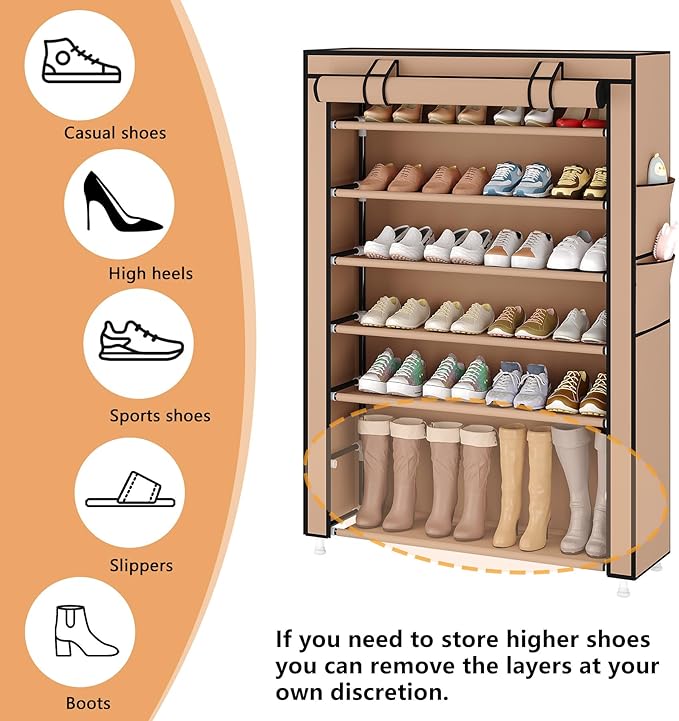 Laiensia 7-Tier Vertical Shoe Rack Organizer, Space Saving Shoe Storage Organizer, Non-Woven Cover Shoe Shelf Holds 28-35 Pairs for Bedroom, Hallway, Closet Entryway, Brown-NeatNest