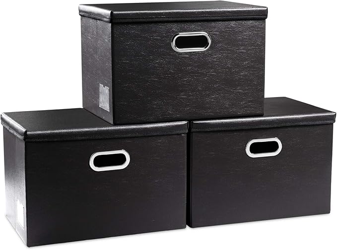 PRANDOM Large Foldable Storage Bins with Lids [3-Pack] Leather Fabric Collapsible Storage Boxes Organizer Containers Baskets Cube with Cover for Home Bedroom Closet Office Black(17.7x11.8x11.8)-NeatNest