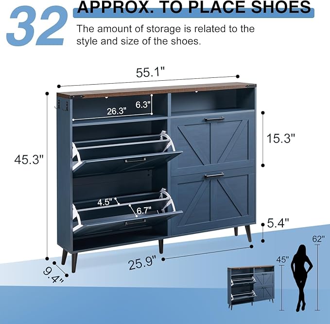 Shoe Storage Cabinet,Farmhouse Shoe Organizer with 4 Flip Drawers & Barn Door Design,Freestanding Hidden Slim Narrow Shoe Rack Cabinet with Open Shelves for Entryway,Foyer,Hallway,Blue-NeatNest