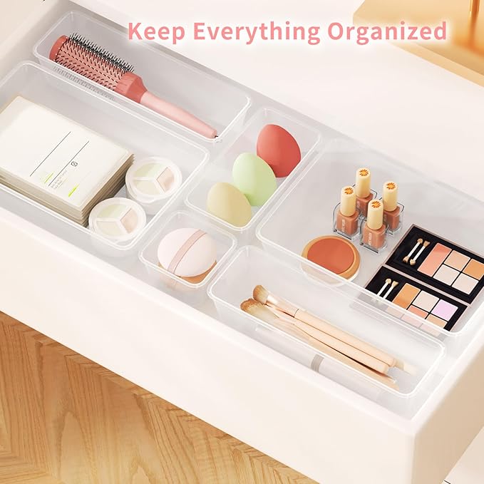 25 PCS Plastic Drawer Organizer Set, 4-size Clear Bathroom and Vanity Desk Drawer Organizer Trays, Non-Slip Versatile Storage Bins for Makeup Jewelry Office Kitchen Gadgets-NeatNest
