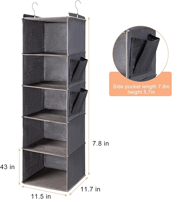 BOOMIBOO Hanging Closet Organize and Shelves，5-Hanging Shelf with 2 Side Pockets，Storage Foldable （2 Pack ，Grey）-NeatNest