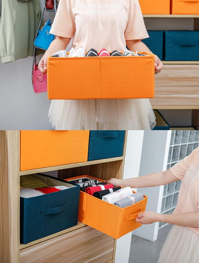 ALYER Collapsible Fabric Storage Organizer with Handles,Shelf Bins Box Container for Bedroom Office Closet Babies Nursery Toys Books Clothes (Orange,16.2" x 9.5" x 6.7")