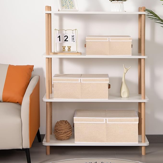 3-Pack Storage Boxes, Foldable Blanket Basket with Detachable Lid, Linen Closet 0rganizers with Double Handles, Collapsible Cubes for Organizing, Beige, 16.1 x 9.8 x 6.5 inch-NeatNest