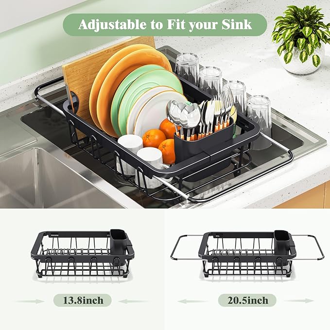 Expandable Dish Drying Rack Over The Sink, Adjustable Dish Rack in Sink, Rustproof Dish Drainer for Kitchen Counter, Dish Strainer with Utensil Holder, Standard Size