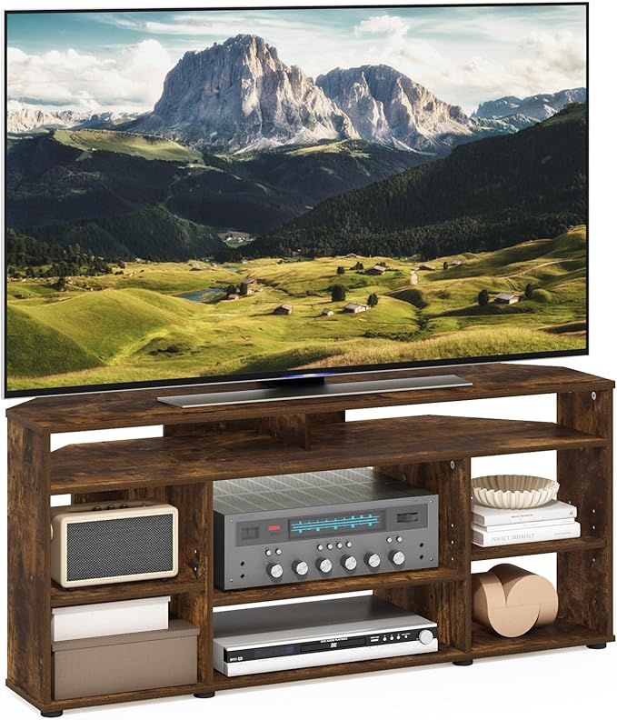 Furinno Besi No Tools Assembly Industrial Style TV Stand, Entertainment Center for 50 inch TV, Amber Pine/Black-NeatNest