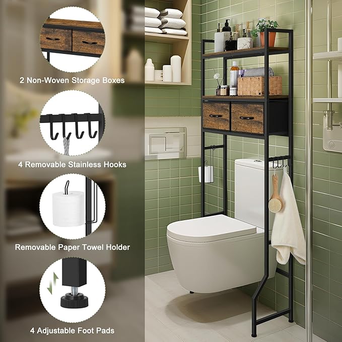 ETELI Over The Toilet Storage Cabinet Bathroom Storage Cabinet Over Toilet Fit Most Toilets Above Toilet Shelf Bathroom Shelf Organizer with Fabric Drawers, Rustic Brown