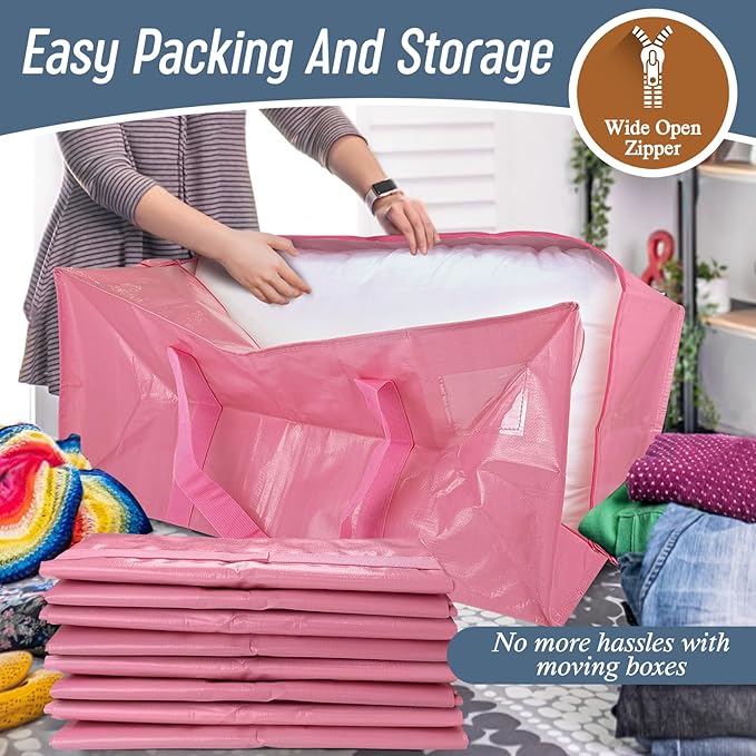 12 Pack Extra Heavy Duty Large Moving Bags with Strong Zipper & Comfortable Handles, Sturdy & Durable Clothes Storage Bags Totes Bins, Packing Moving Boxes for College Supplies, Pink-NeatNest