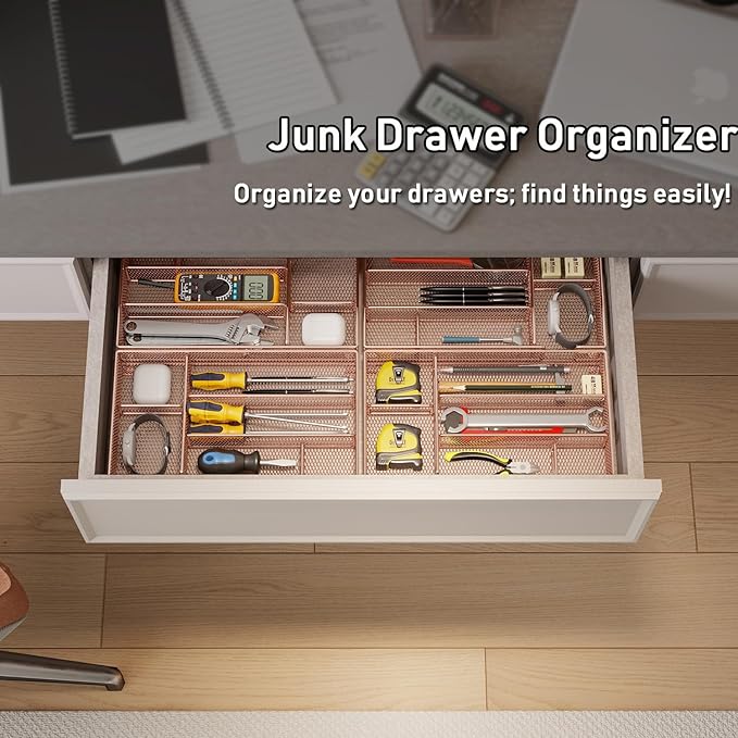 Desk Drawer Organizer Tray, Mesh Desk Organizer, Office Drawer Organizer, Desk Accessories & Workspace Organizers, Suitable for Tools, Pencils, Office Supplies Storage (Rose Gold)-NeatNest