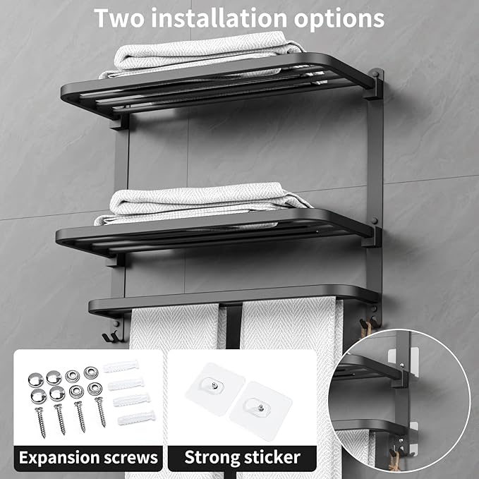 22.8Inch Towel Rack for Bathroom and Lavatory Towel Hanger with Wall Mount Towel Bars 304 Stainless Steel No Drill (Collapsible Black Towel Rack)