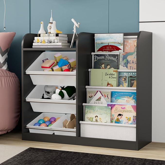 Black Kids Wood Bookshelf Toy Storage Box Organizer Shelf W/4 Removable Plastic Toy Bins Children Bookcase Toddler Baby Sling Book Rack Cabinet Chest Girl Boy Gift Playroom Classroom Bedroom Nursery-NeatNest