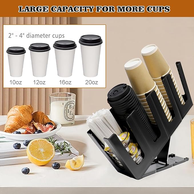 2 Pack Paper Cup and Lid Holder, Adjustable Coffee Cup Holder with Straw Organizer, 4 Compartment Disposable Cup Dispenser with Coffee Pod Basket for Countertop Coffee Station Bar Breakroom, Black-NeatNest