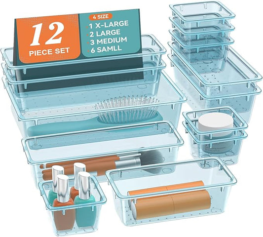 12-Piece Drawer Organizer Set, 4 Sizes Versatile Plastic Vanity Organizer for Makeup, Stationery, Gadgets, in Kitchen, Bathroom, Office, and Bedroom, Sea Blue-NeatNest