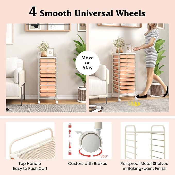 Giantex 10-Drawer Storage Cart w/Universal Wheel, Rolling Cart w/Handle, Home Organizer Storage Unit w/Removable Drawers, Trolley Utility Cart for Kitchen Makeup Living Room Office Play Room
