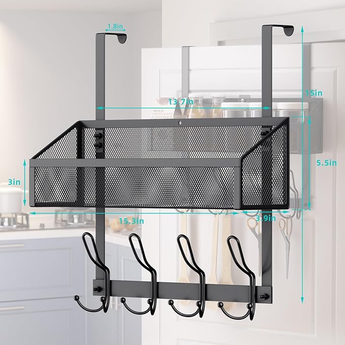 Over The Door Hooks Organizer with 12 Hooks, Over The Door Storage Rack with Mesh Basket,Back of Door Storage Organizer Over The Door Hanger for Bedroom,Bathroom,Kitchen, Pantry, Black