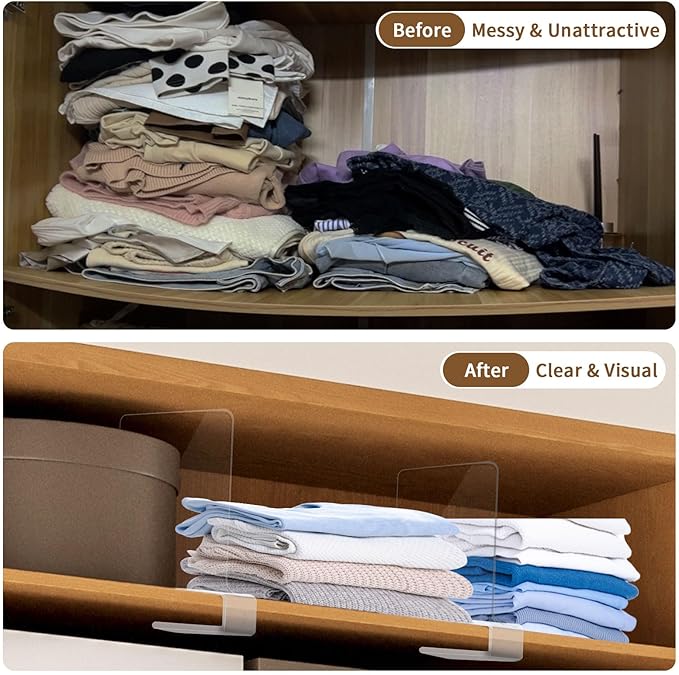 12Pack Acrylic Closet Shelf Dividers, Heavy Duty Organizer for Clothes, Handbags, Sweaters & Towels - Transparent Storage Solution for Kitchen Cabinets, Wardrobes & Home Shelving-NeatNest