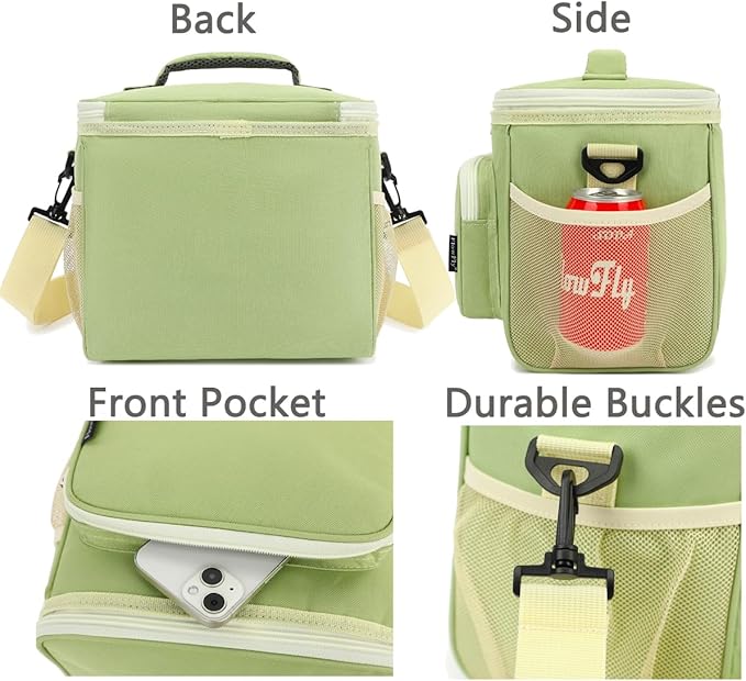 FlowFly Insulated Reusable Lunch Bag Adult Large Lunch Box for Women and Men with Adjustable Shoulder Strap,Front Zipper Pocket and Dual Large Mesh Side Pockets,Light Matcha-NeatNest