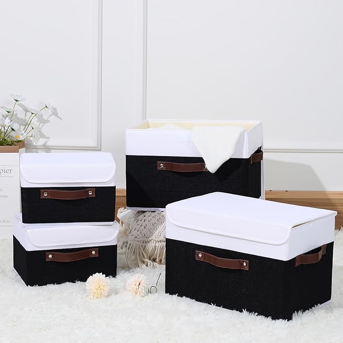 ANMINY 2PCS Storage Boxes with Lid Washable Decorative Storage Bins Basket with PU Leather Handle Foldable Linen Fabric Storage Cubes Containers for Home Closet Organizer - Black White, Large Size-NeatNest