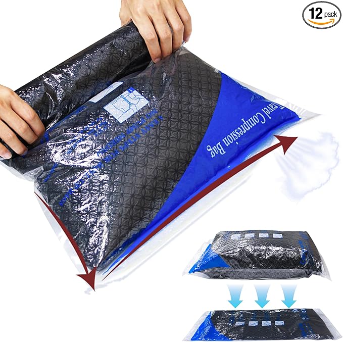 12 Pack Compression Bags for Travel | Vacuum Seal Storage Bags for Luggage & Dirty Clothes | Travel Packing Space Saver Bags for Suitcases & Home Organization | MEIQIHOME-NeatNest