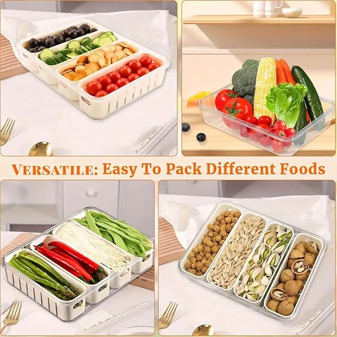 4 Compartment Food Storage Containers, Refrigerator Storage Box Dishwasher Plastic Reusable Divided Food Storage Boxes