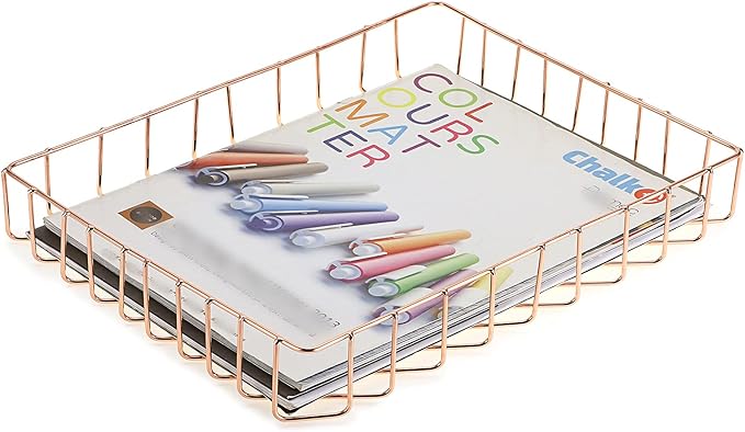 BTSKY Multipurpose A4 File Tray Wire Desk Tray Organizer Elegant Letter Size Desk Documents Trays Magazine Files Storage Basket Organizer Bin for Office Cosmetics Bathroom(Rose Gold)