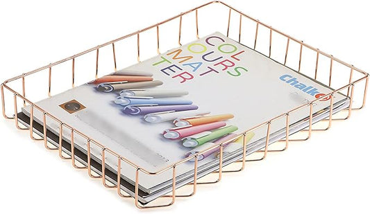 BTSKY Multipurpose A4 File Tray Wire Desk Tray Organizer Elegant Letter Size Desk Documents Trays Magazine Files Storage Basket Organizer Bin for Office Cosmetics Bathroom(Rose Gold)